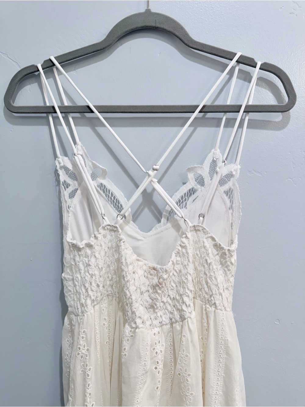 Three Bird Nest White Lace Bralette  Eyelet Maxi Dress Slit Spaghetti Strap Boho - Picture 8 of 13